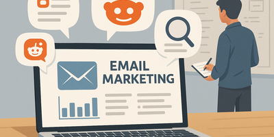 E-Mail-Marketing mit der SIGNAL-Methode – Illustration: Laptop, Dashboard und Reddit Logos