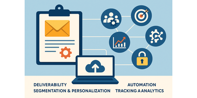 Technik Tipps für E-Mail-Marketing – Illustration: Laptop, Klemmbrett mit Briefumschlag und Schlagwörter