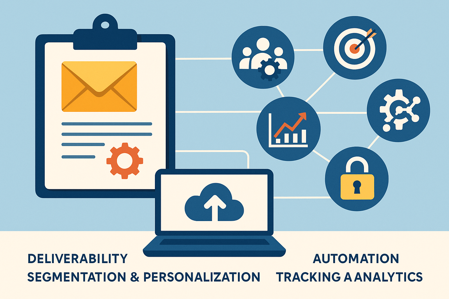 Technik Tipps für E-Mail-Marketing – Illustration: Laptop, Klemmbrett mit Briefumschlag und Schlagwörter