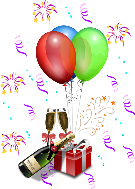 Grafische Darstellung eines Feuerwerks mit bunten Luftballons, einer Champagner Flasche, 2 Gläsern und einem Paket